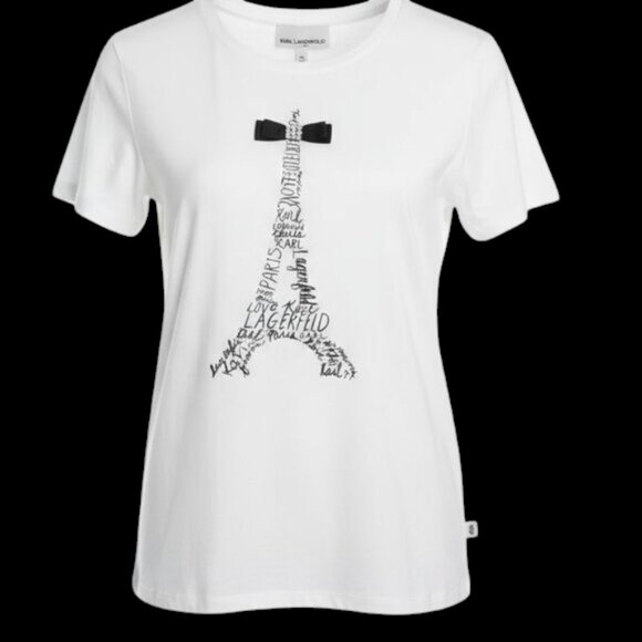 Karl Lagerfeld Women's Top with Bow Small Paris graphic Eiffel Tower - Picture 1 of 9
